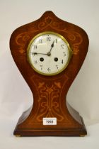 Large Edwardian mahogany and marquetry inlaid balloon shaped mantel clock, the enamel dial with