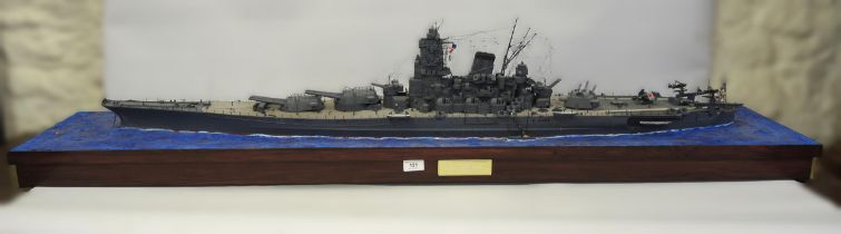 Built 1/350 scale model of IJN Yamato battleship on a plinth base, 154cm x 32cm