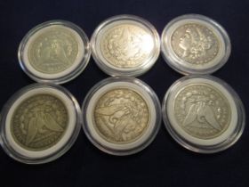 Group of six antique U.S. silver dollars, 1878, 1882, 1882, 1884, 1896 and 1900