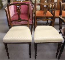 Pair of Edwardian rosewood and marquetry inlaid drawing room chairs with pierced splat backs,