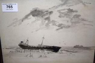 Margaret Fletcher, monochrome watercolour, figures surrounding a beached ship beside a pier, 18 x