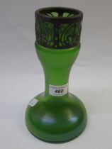 Arts and crafts green iridescent glass vase with metal mount, 20cm high