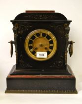 19th Century French black slate and rouge marble two train mantel clock with Japy Freres movement