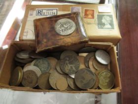 Small box containing a collection of miscellaneous coins and medallions