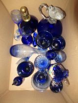 Collection of various items of Bristol and blue tinted glass including a reproduction decanter