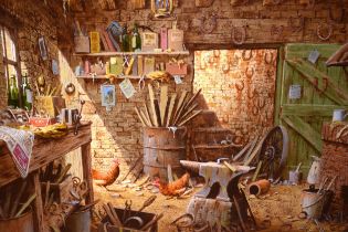 Edward Hersey, oil on canvas, chickens in a farrier's workshop, signed, 30 x 40cm, gilt framed In