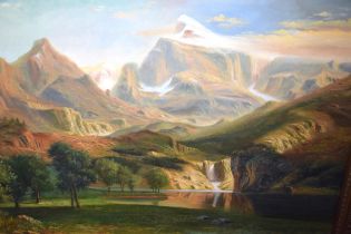 Large oil on canvas, Australian view of a waterfall with distant mountains, unsigned, gilt framed,