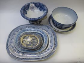 Eight various blue and white transfer printed dishes, 19th Century two handled pedestal bowl,