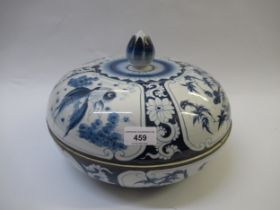 Large Japanese porcelain bowl with cover, painted with panels of birds and fish, 32cm diameter