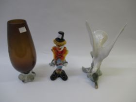 Lladro figure of a seabird, Murano glass figure of a clown together with a Swedish glass vase