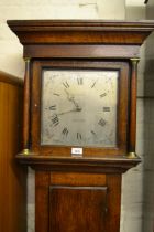 George III oak longcase clock, the square hood above a rectangular panel door and conforming plinth,