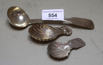 Small Irish silver sauce ladle and two silver caddy spoons