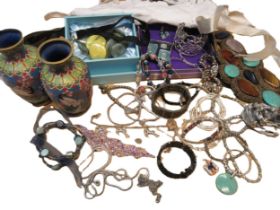 Quantity of miscellaneous jewellery, sunglasses etc, together with a pair of cloisonne vases