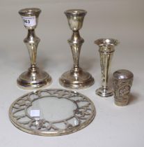 Pair of Birmingham silver candlesticks (filled), 15.5cm high together with a specimen vase, cane top