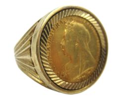 1899 Half sovereign in a 9ct gold ring mount, gross weight 12.6g Scratching all over coin and shank,