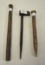 Two antique copper ship's nails, together with a related caulking tool