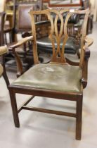 George III mahogany open armchair with pierced splat back and green leather drop-in seat on square