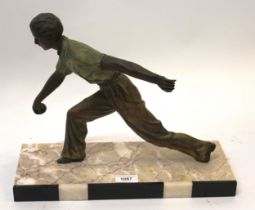 Art Deco painted and patinated spelter figure of a figure playing boules, on a marble rectangular