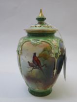 J. Southall for Royal Worcester, small oviform pot pourri vase and cover painted with pheasants in a