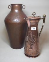 WMF beaten copper and brass mounted jug of Arts and Crafts design, 37cm high, together with a German