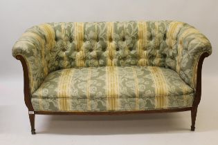 Edwardian mahogany and line inlaid two seat drawing room sofa, the green, yellow and floral button