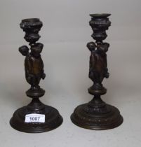 Pair of 19th Century dark patinated bronze figural candlesticks, 20cm high