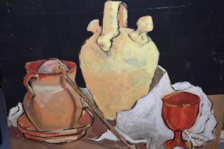 Oil on canvas, still life, glass and pottery on a table top, 50 x 60cm, unframed, together with a