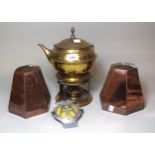 Early 20th Century spirit kettle, two hexagonal copper moulds, an AA badge and a copper warming pan