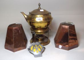 Early 20th Century spirit kettle, two hexagonal copper moulds, an AA badge and a copper warming pan