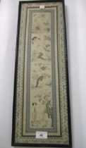 Early 20th Century Chinese silkwork sleeve panel with insect and floral design, in an ebonised