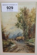 19th Century watercolour, haycart on a wooded lane, unsigned, gilt framed, 13 x 8cm