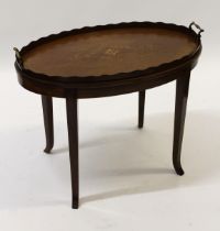 Edwardian inlaid oval mahogany tray with brass handles, on later stand