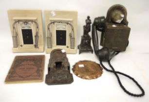 Early wooden Bakelite telephone, spelter figure, soapstone carved item and a pair of Timothy