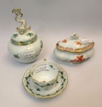 Two Herend bowls and covers mounted with a fish and a rabbit together with a Herend cup and saucer