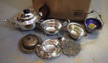 Two silver plated sauce boats, together with a quantity of other silver plated items