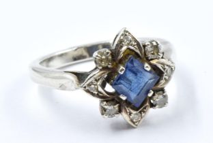 Dress ring set square sapphire and diamonds in a white metal mount