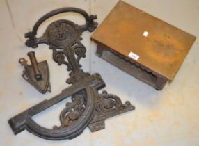 19th Century black painted stick stand (at fault), together with a copper warmer, a flat iron and