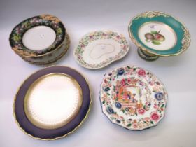 19th Century Derby floral decorated dessert dish, 19th Century Davenport fruit decorated comport and