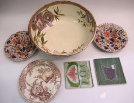 Large Wedgwood and Co. Aesthetic movement bowl, two tube line decorated tiles, three Masons plates