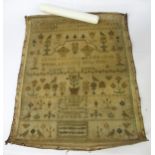 Early 19th Century alphabetical and pictorial sampler by Ann Elizabeth Saunders, aged 11 years,