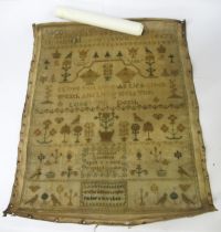 Early 19th Century alphabetical and pictorial sampler by Ann Elizabeth Saunders, aged 11 years,