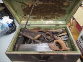 Oak tool box containing various carpenters tools