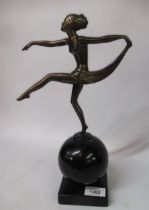 Coppered patinated metal Art Deco figure of a dancing girl on ebonised marble plinth base, 33cm high