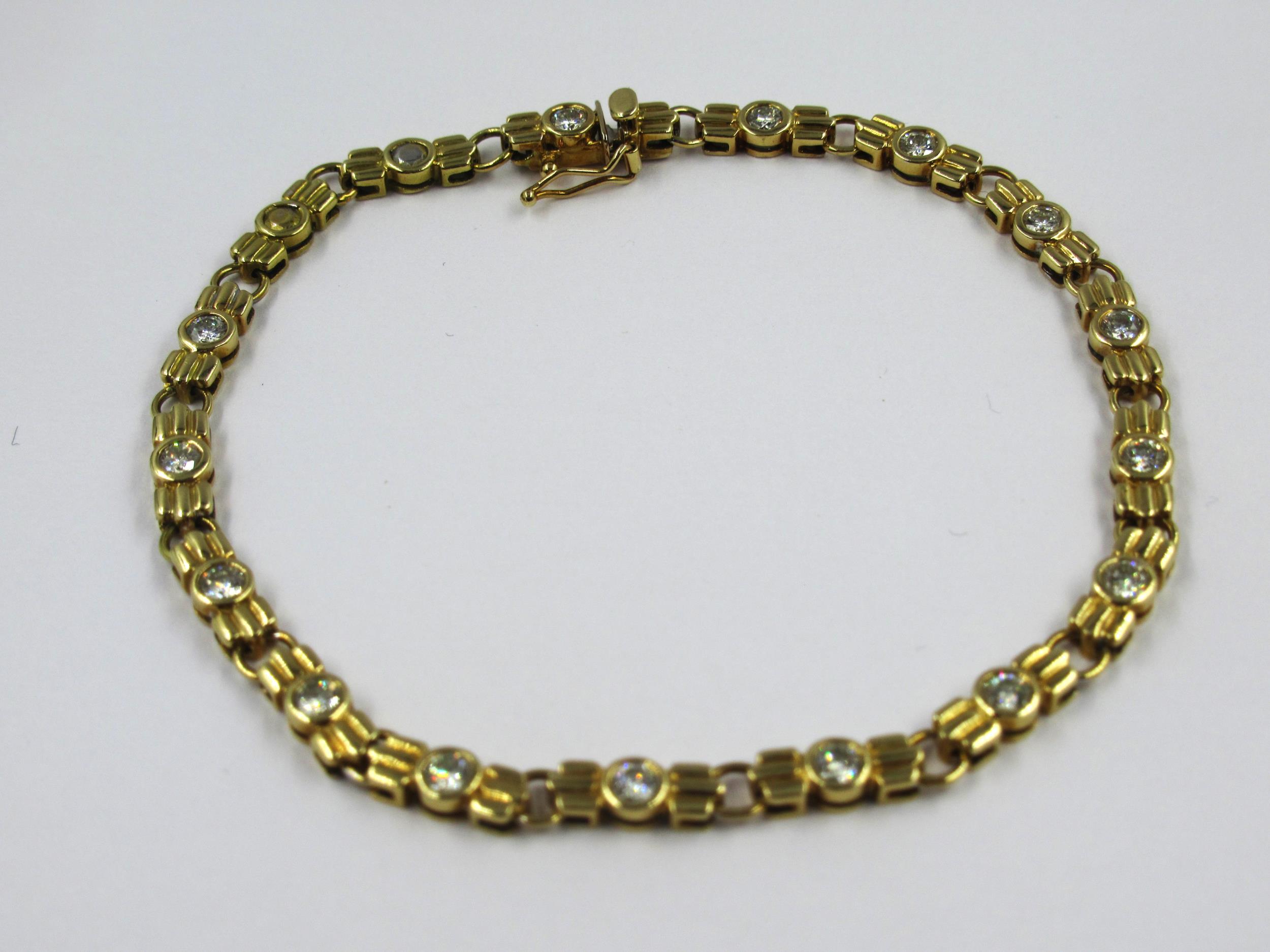 18ct Yellow gold bracelet set fifteen brilliant cut diamonds, total weight 1.5ct, 20cm in length, - Image 2 of 2
