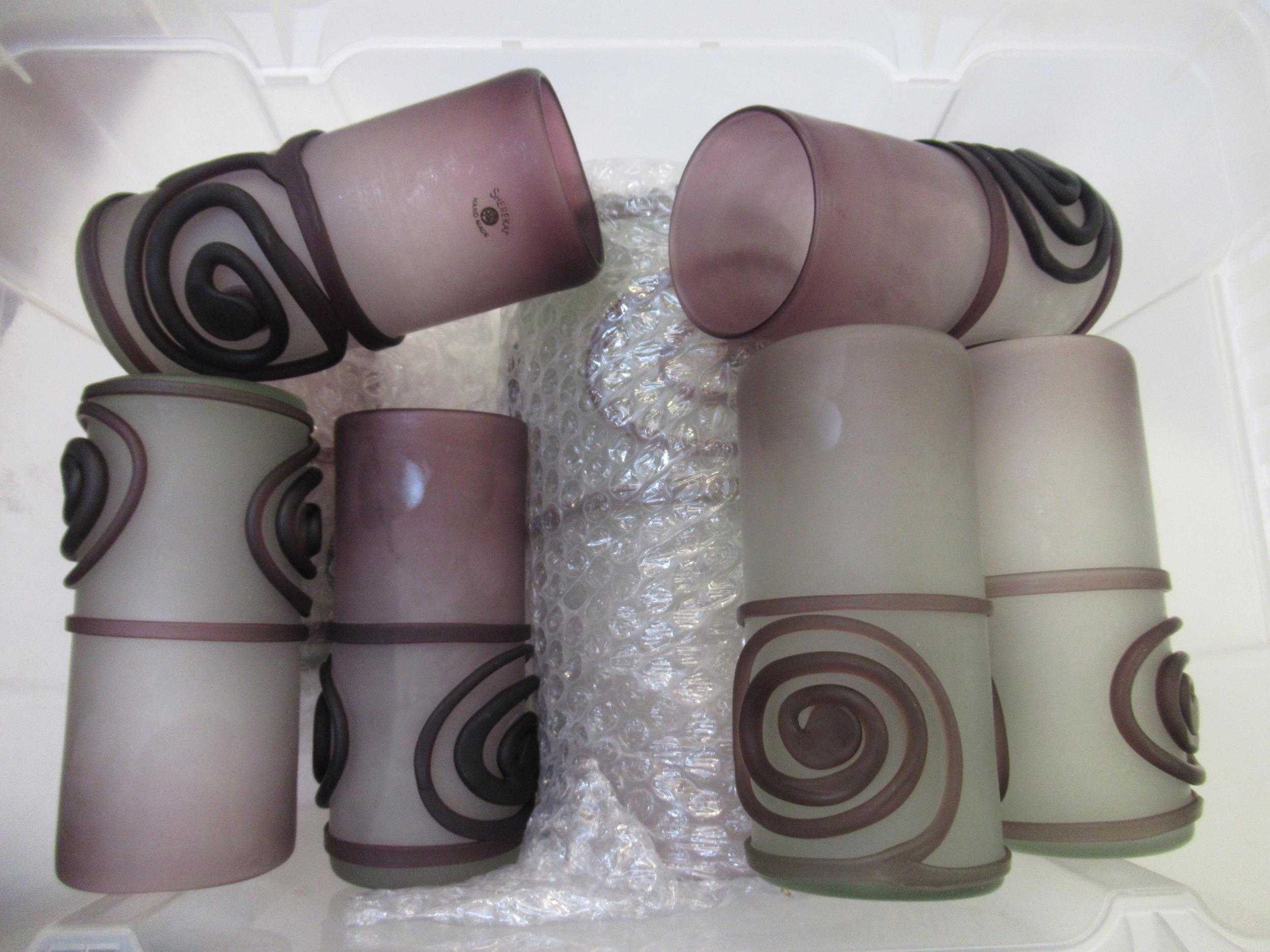 Set of eight Sherekat art glass tumblers with matching jug