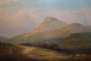 19th Century oil on canvas, Highland scene with figures resting on a track, unsigned, gilt framed,