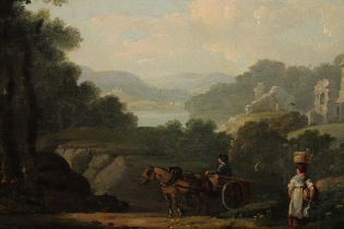 Circle of Julius Caesar Ibbetson, antique oil on canvas, lakeland landscape with figures and horse