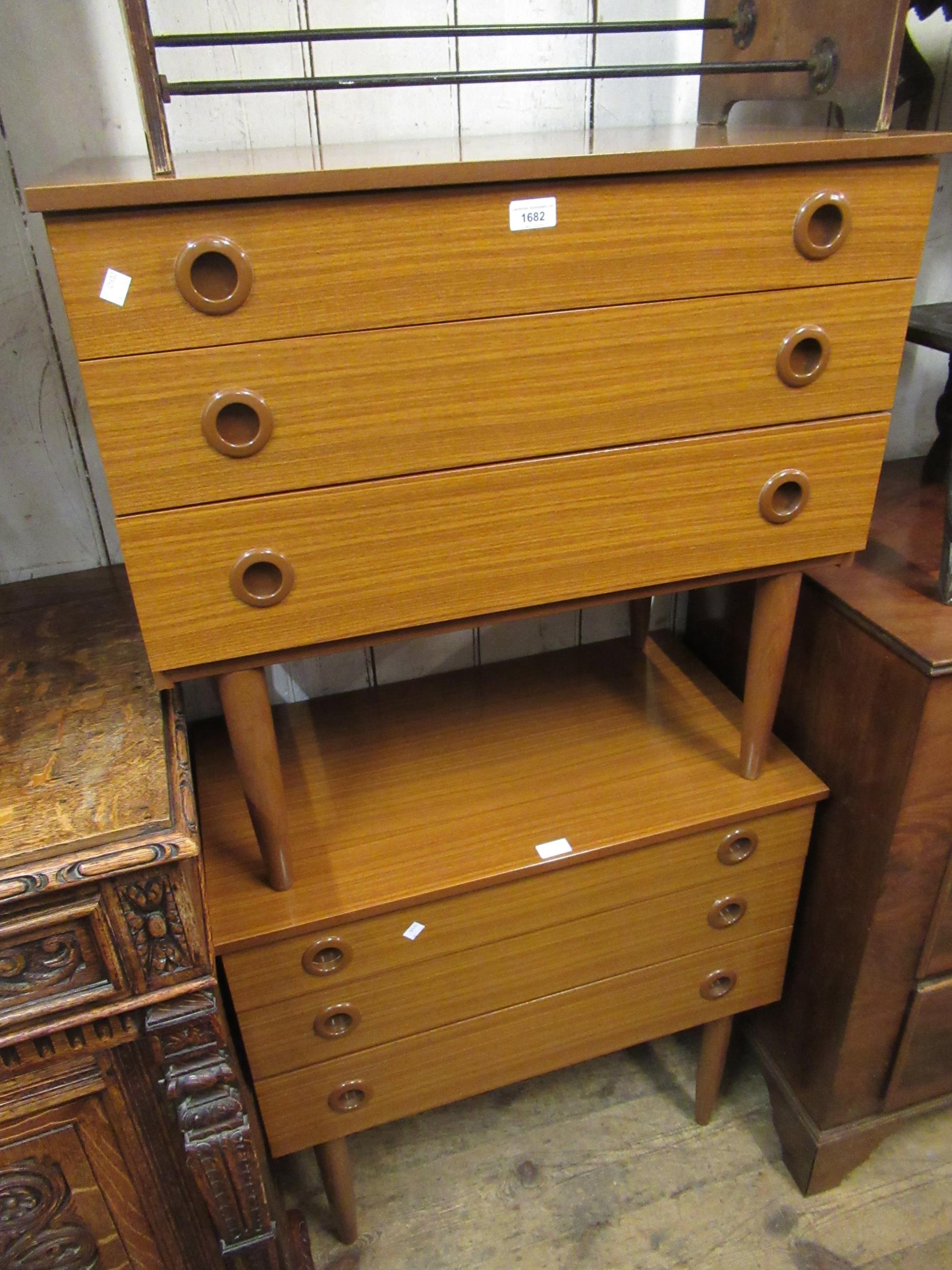 Pair of mid 20th Century three drawer chests by Schreiber, each 75cm wide, together with a Meredew