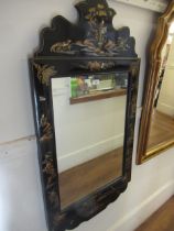 20th Century Chinese black lacquered chinoiserie decorated rectangular wall mirror with shaped