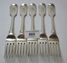 Set of five London silver Fiddle pattern table forks dated 1893, makers initials JA & TS, engraved